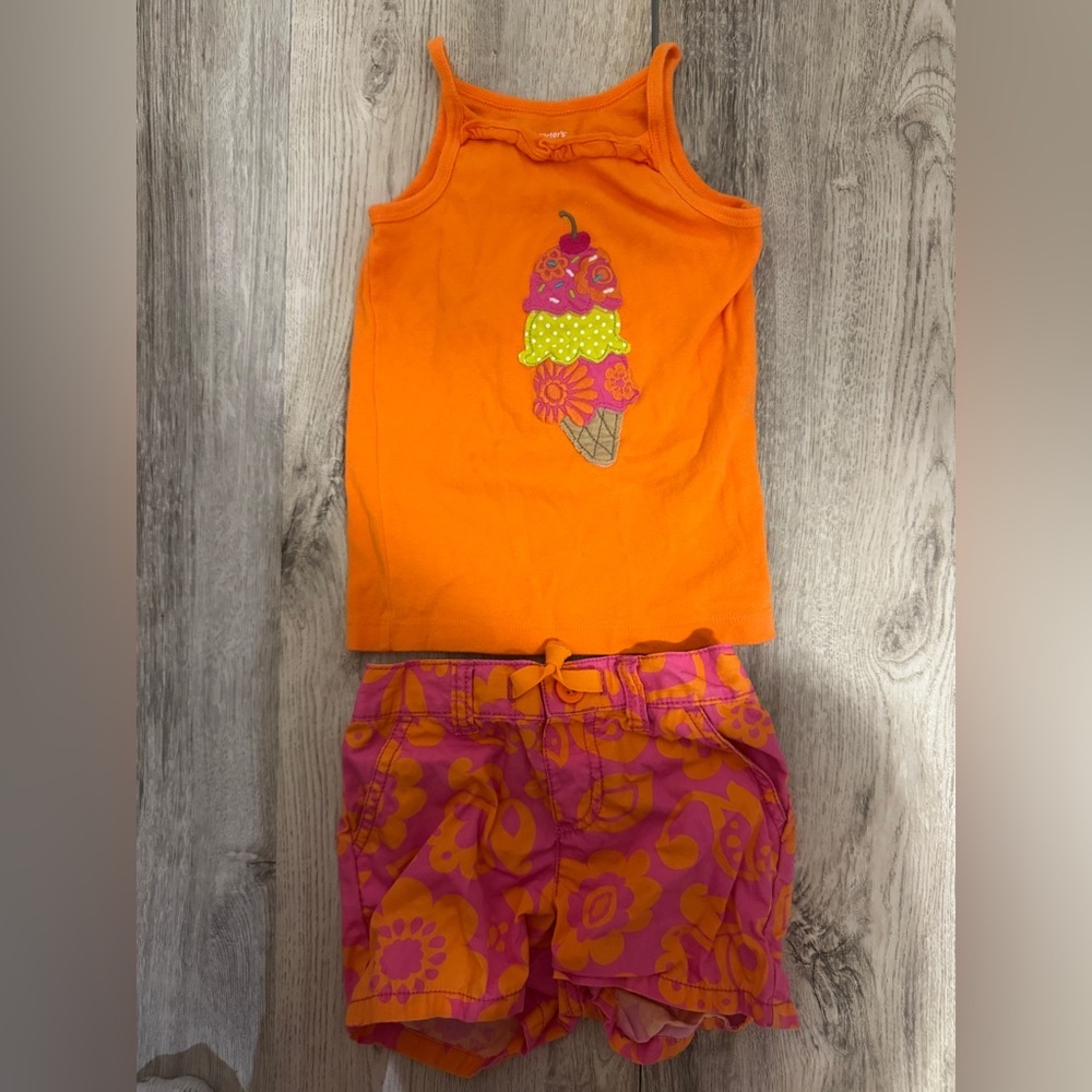 Carter's Orange Ice Cream Cone Tank Top and Pink/Orange Floral Shorts Set